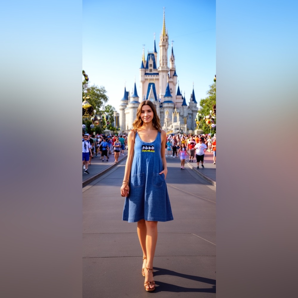 Vintage Y2K 1990’s Disney denim overall dress with an embroidered Mickey Mouse